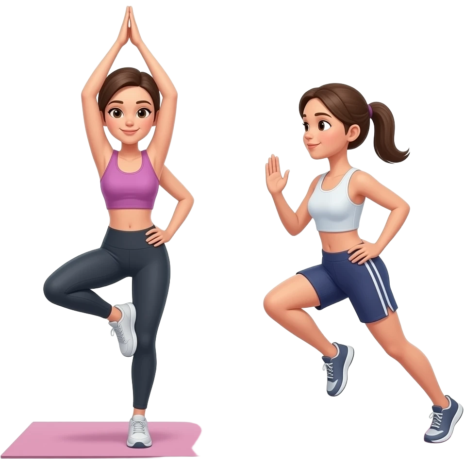 A beautiful woman is exercising, doing yoga and running poses. emoji