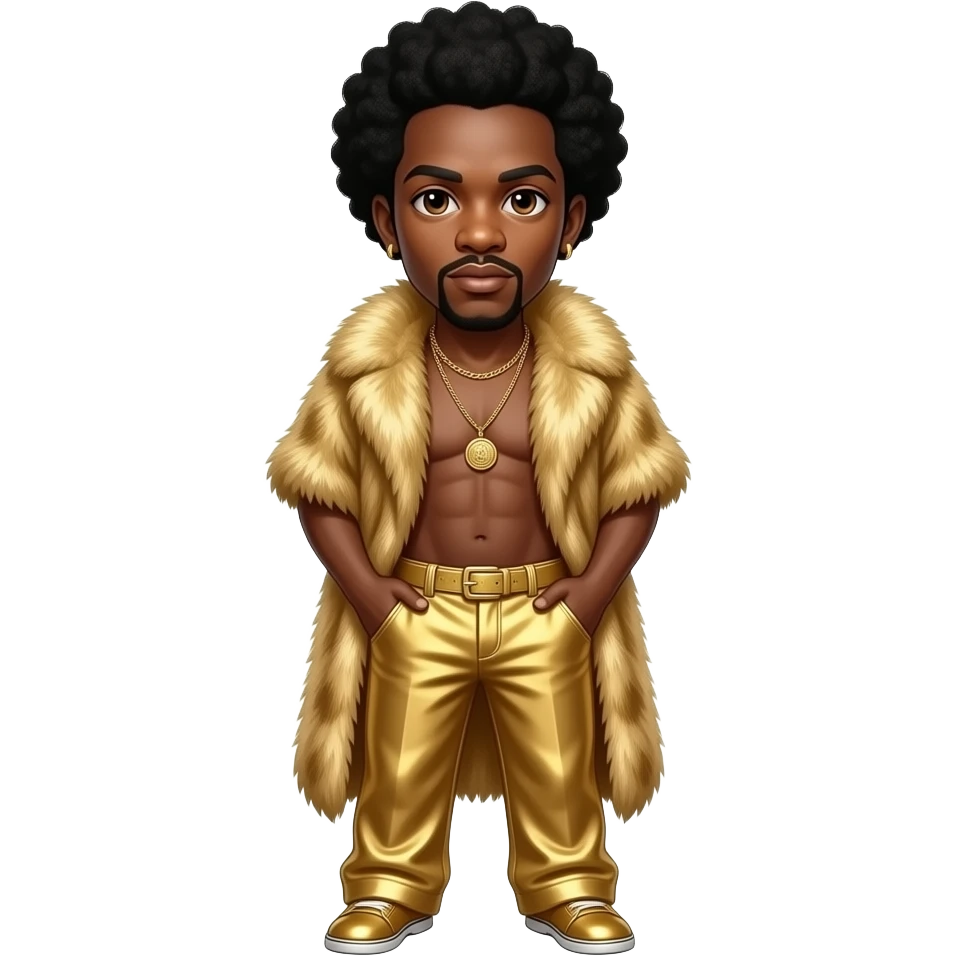 James Brown with brown eyes, black conk hair, gold fur shawl, gold metallic baggy pants, shirtless with necklace emoji