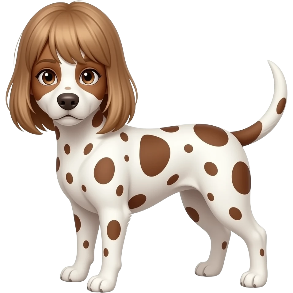 Female white w hazel eyes & light brown shoulder length hair w bangsParted on the side and white & brown spotted dog emoji