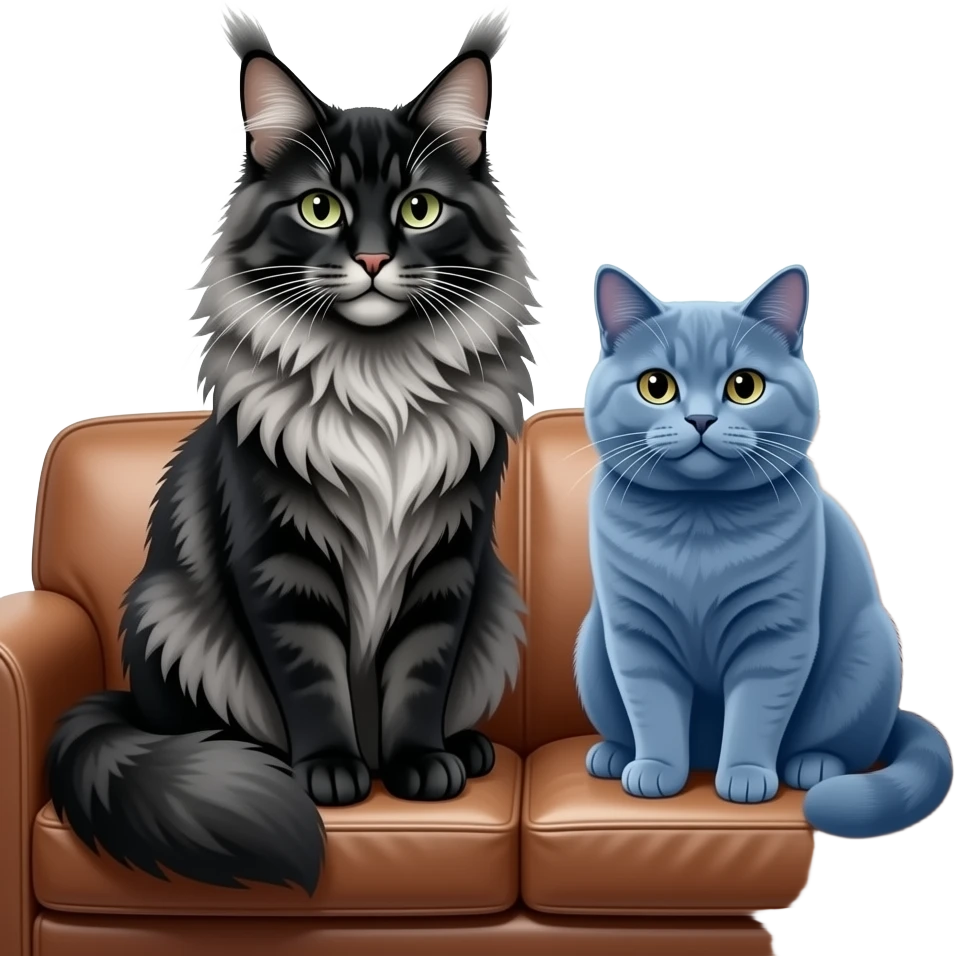 A large black smoke Maine Coon cat with long grey ear tufts and a fluffy grey ruff, sitting next to a chubby British Shorthair cat in blue color with plush fur, both sitting comfortably on a leather sofa. Beautiful room background with flowers and soft lighting. Transparent background. emoji