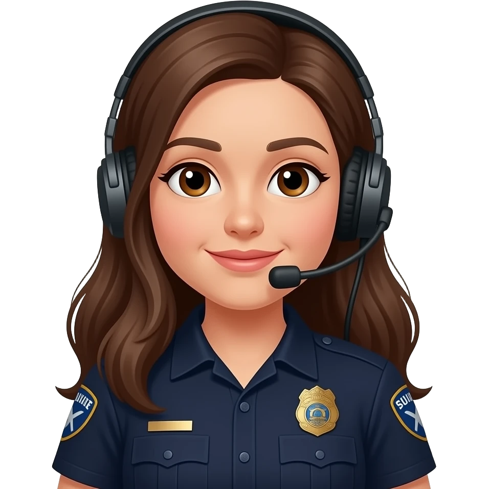 911 dispatcher dark polo, brown eyes, long brown hair, head set emoji