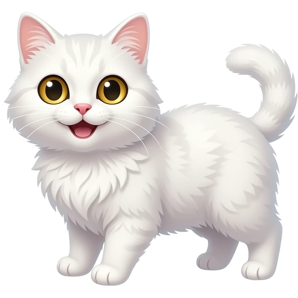 cute white cat with golden eyes, fluffy fur, polished chibi style, discord emote, twitch emote, transparent background, thick clean outline, soft shading, expressive face, high contrast, centered composition, happy emoji