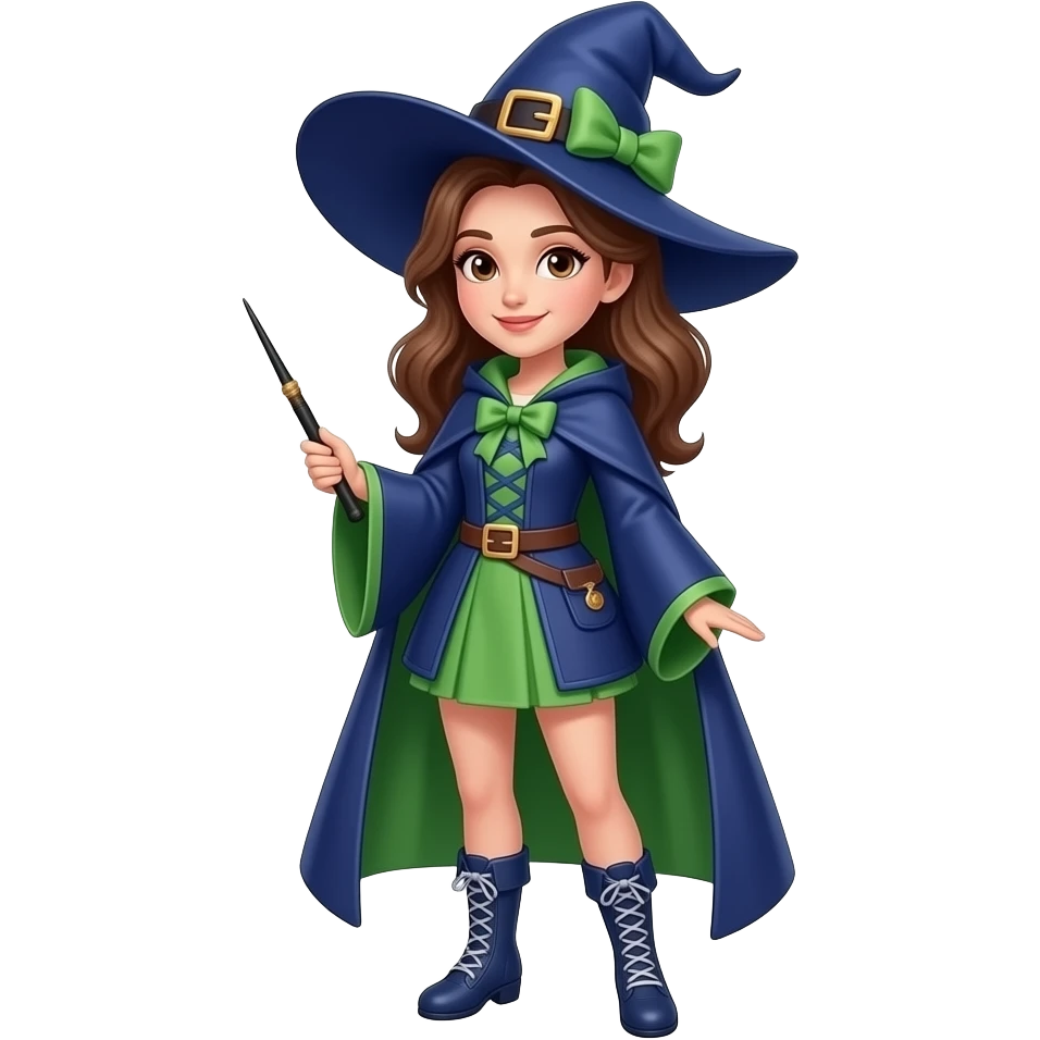 A full body White/Fair skinned woman with brown hair and brown eyes and wearing a Blue and green Witch outfit and holding a black wand. emoji