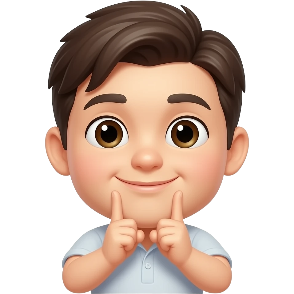 iOS-like 3D cute face emoji with a chin V pose, index and middle fingers placed under the chin in a V shape, other fingers naturally curled, playful thinking expression, glossy soft texture, white background. emoji