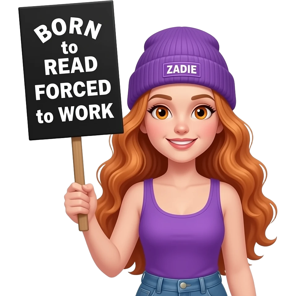 sexy girl with overlong wavy ginger hair and ginger eyes wearing a purple tanktop and a purple beanie with ZADIE written on it, is holding a black sign with BORN to READ FORCED to WORK written on it emoji