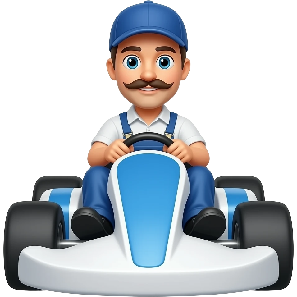a plumber with a mustache in a white and blue kart, front view emoji