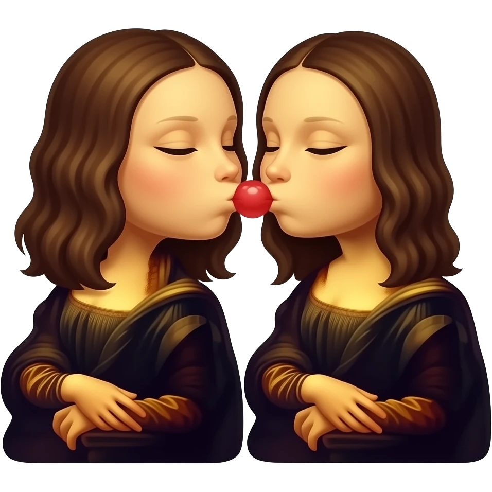 cinematic realistic Mona Lisa kisses himsel emoji