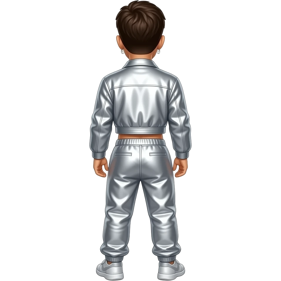 Bad Bunny from behind with dark brown hair, silver metallic jacket crop top, silver metallic baggy joggers emoji