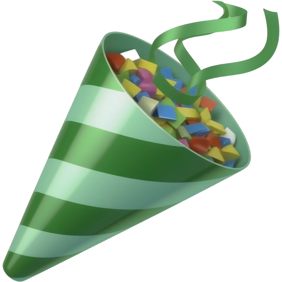iOS emoji style, Party Popper green color with confetti, realistic proportions, clean 3D design, glossy green plastic material, soft light reflections, smooth curved handles, elegant silhouette, minimalistic, high quality, transparent background emoji