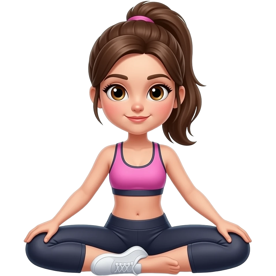 Girl with brown hair in a ponytail and brown eyes wearing workout clothes doing the middle split emoji