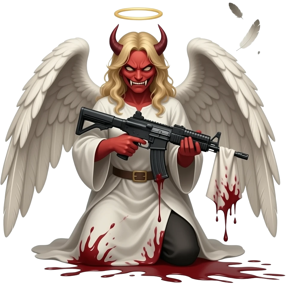 Tattoo looking , drawing , demon face , War angel kneeling with uzi , blood rag and drop blood leaking out uzi , and angel wings with ring over head and one feather falling off emoji