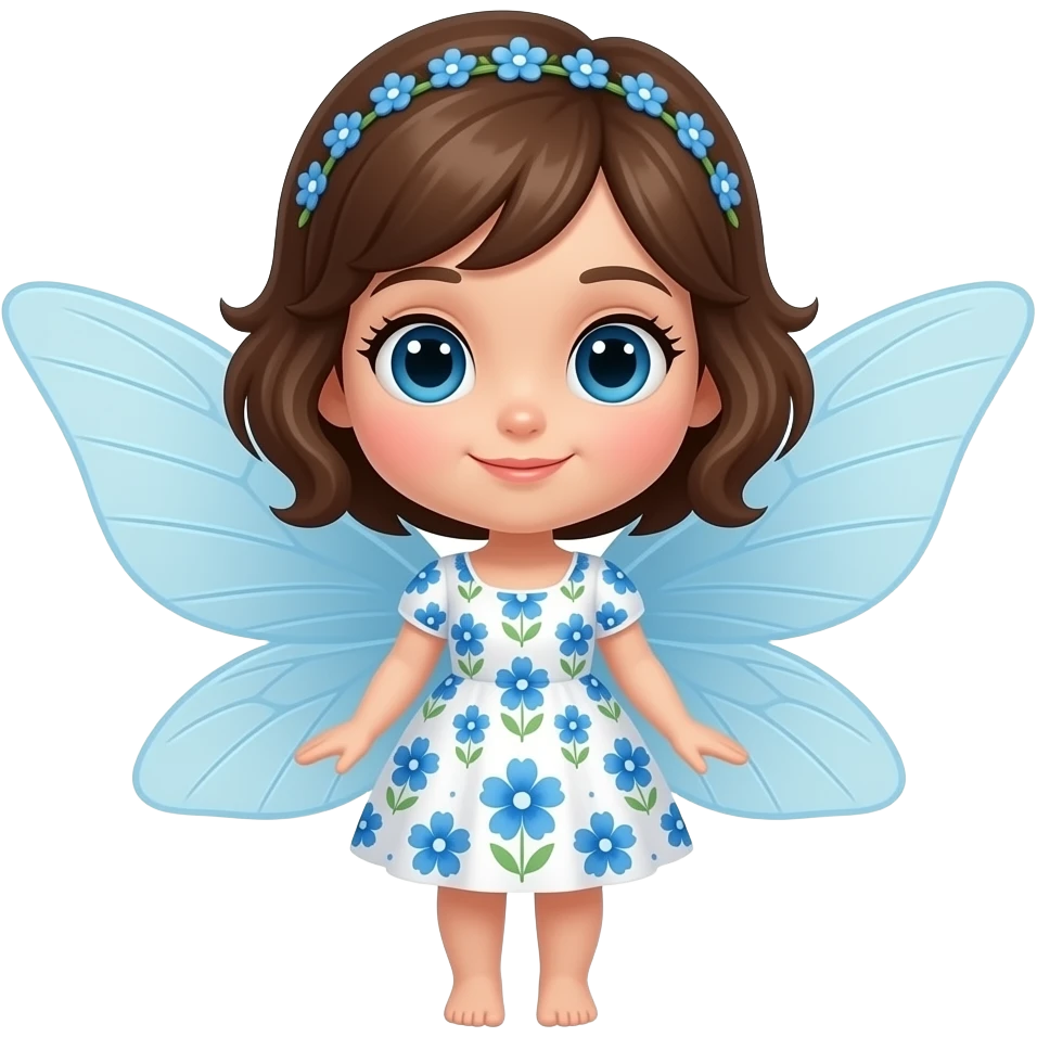 Cute cartoon fairy with large blue eyes and brown hair in a short uniquely styled, cute, soft wavy hairstyle, wearing a white dress with a delicate blue floral pattern inspired by blue flowers, her translucent light blue wings spread, adorned with small blue floral details on her head emoji