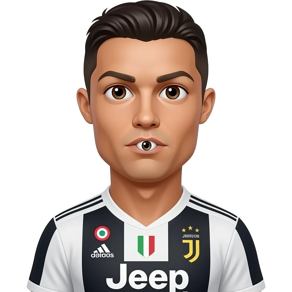 Cristiano Ronaldo emoji, Juventus jersey, extra small emoji eye under mouth, same eye style as original eyes, bright 3D cartoon style. emoji