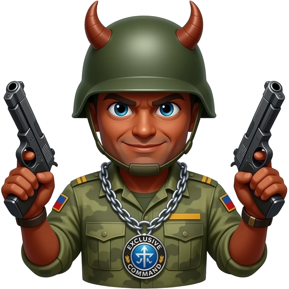 Demonio con un casco de militar y pistolas y también con una cadena que tenga el Comando Exclusivo emoji