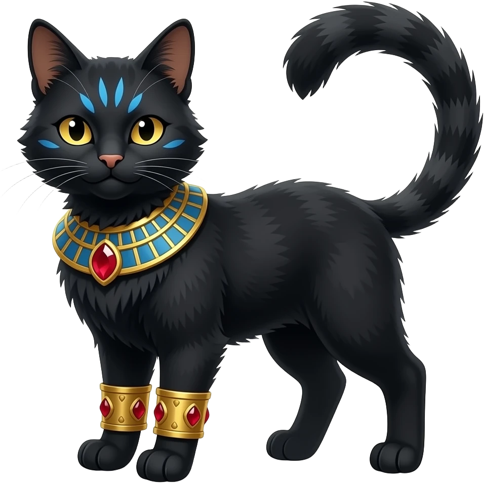 Realistic furry fuzzy Black godly overpowered ethereal majestic oriental ancient Lykoi-Caracal-Cat-Fakemon. With gold bangles, red rubies, Egyptian blue eye corner markings makeup, long thin tufted tail emoji