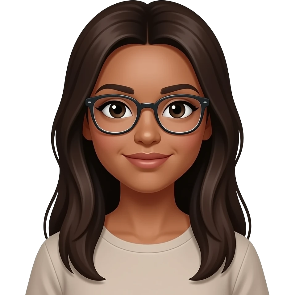 Mujer color de piel moreno claro, con cabello moreno  largo, lacio y suelto, ojos negros, y gafas emoji