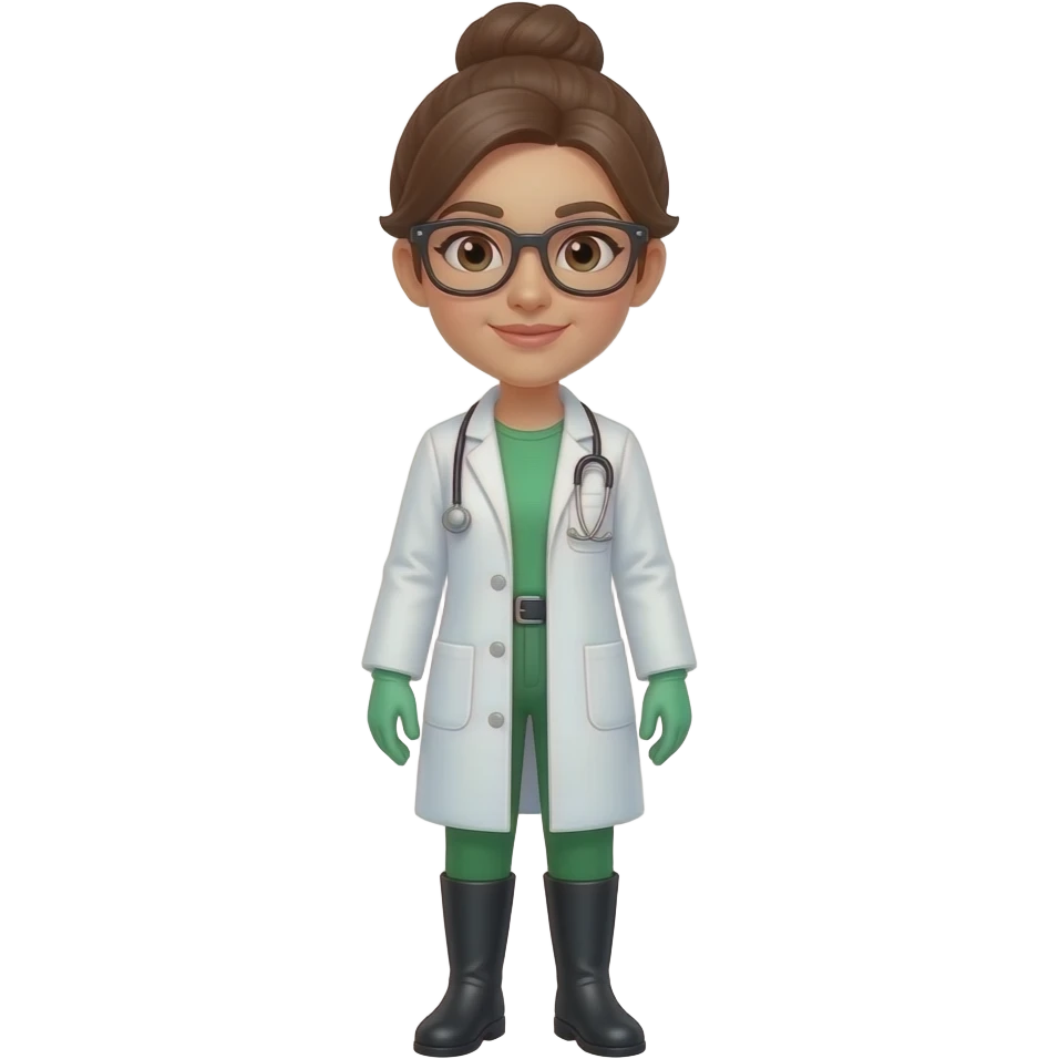 plain face brunette scientist woman with brown eyes, brown hair, in a bun, black glasses, green gloves, a white lab coat, green pants and black boots emoji