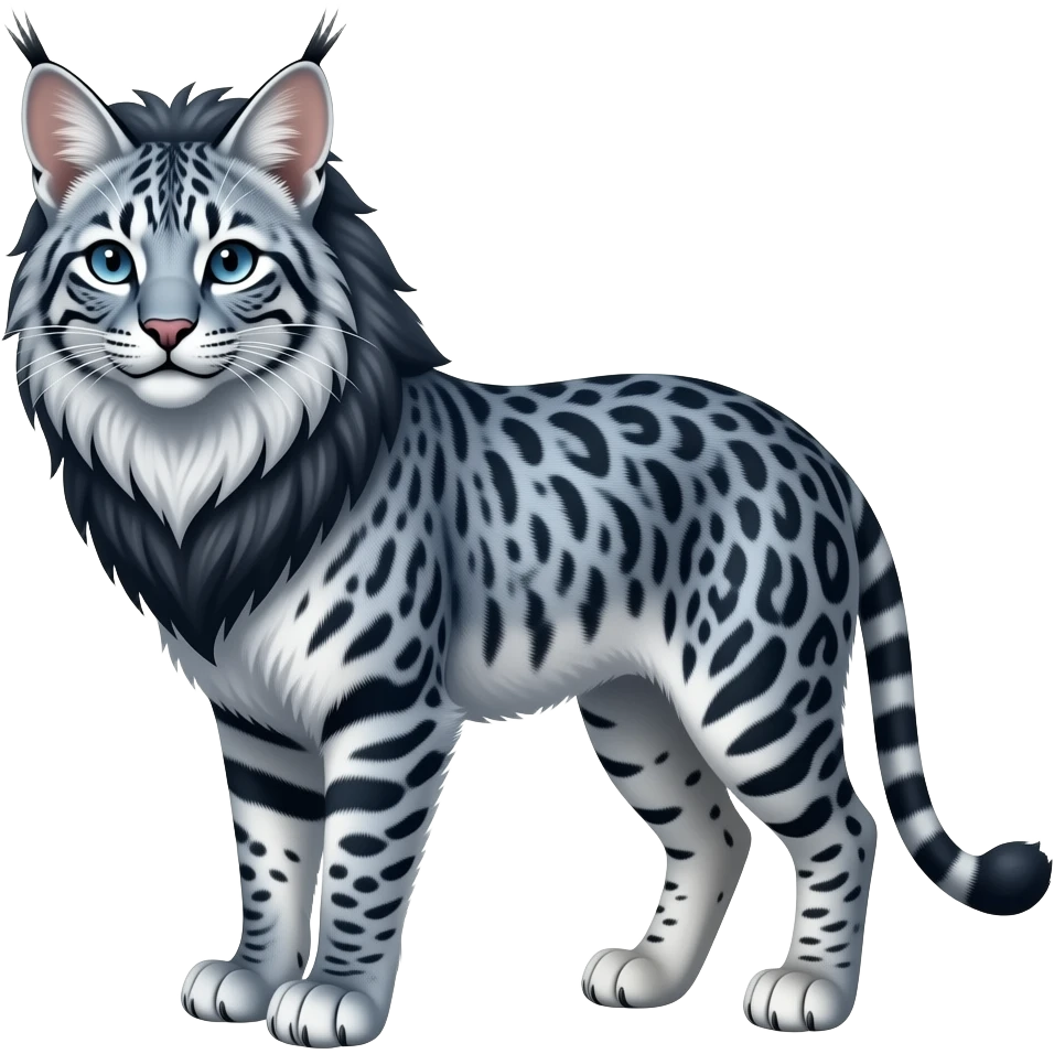 pastel Realistic rosette-patterned marked edgy bluish greyish blackish whitish silvery Shiny Colorful Dusky Dark Glossy Genet-Caracal-Lion-Bobcat-fusion-animal-hybrid-creature, full body, tufted ears, long thin tufted tail emoji