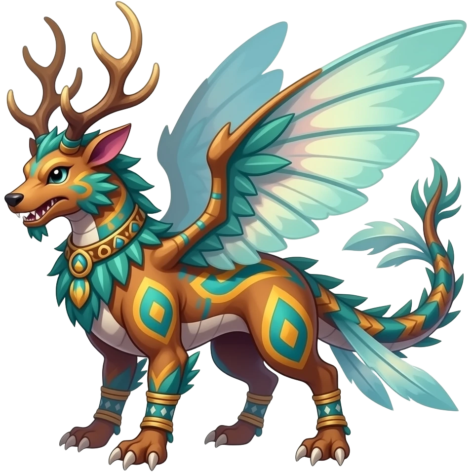 Colorful Fruity Warm-colored Tropical Tribal Shamanic Exotic Vernid-Sergal-Trico-Silvally-Nargacuga-fusion-hybrid-animal-creature, full body emoji