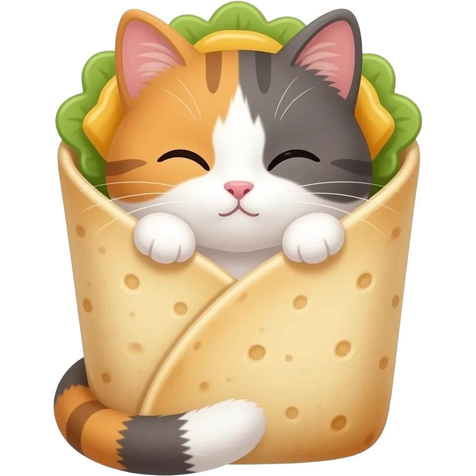 cute dilute calico cat in a burrito emoji