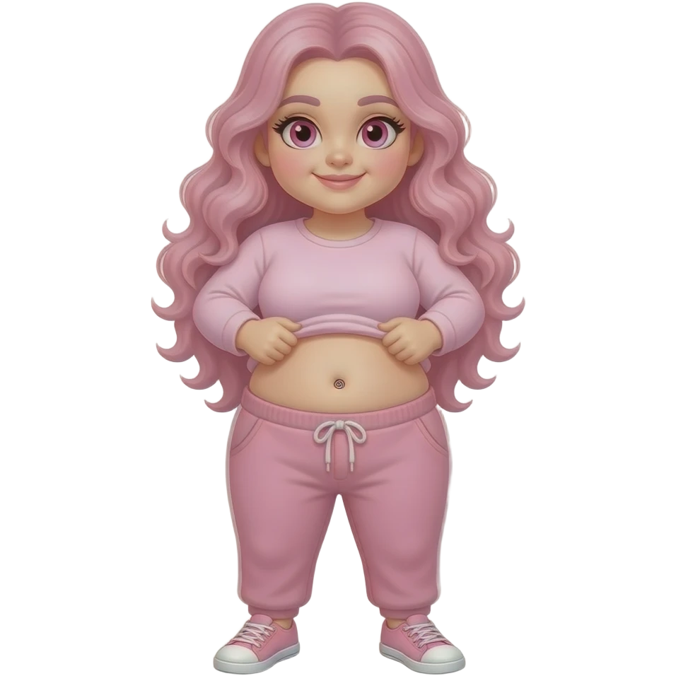 White fat girl pink eyes light pink swirly long hair pink swirl cheeks light pink plain long sleeve shirt light pink sweat pants light pink shoes lifting her shirt showing swirly belly button emoji
