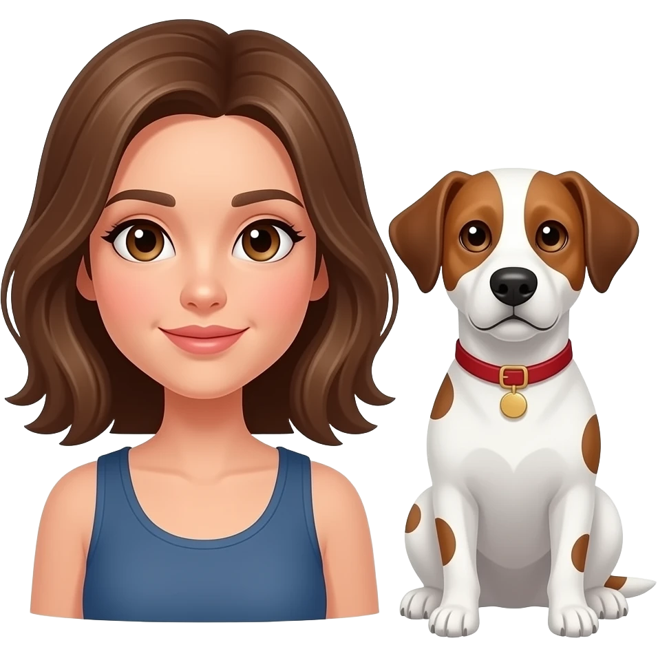Female white w shoulder length brown hair parted on the sine & hazel eyes next to a white w brown spots dog emoji
