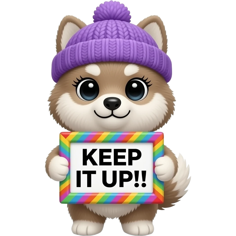 Create a super cute stuffed Animal which Looks Like a Alaskan Klee Kai dog  facing front with big eyes and long eyelashes and with a purple winter hat holding a colorful multicolor zig zag frame sign with in front of its chest that says in a funny big black font "KEEP IT UP!!!" emoji