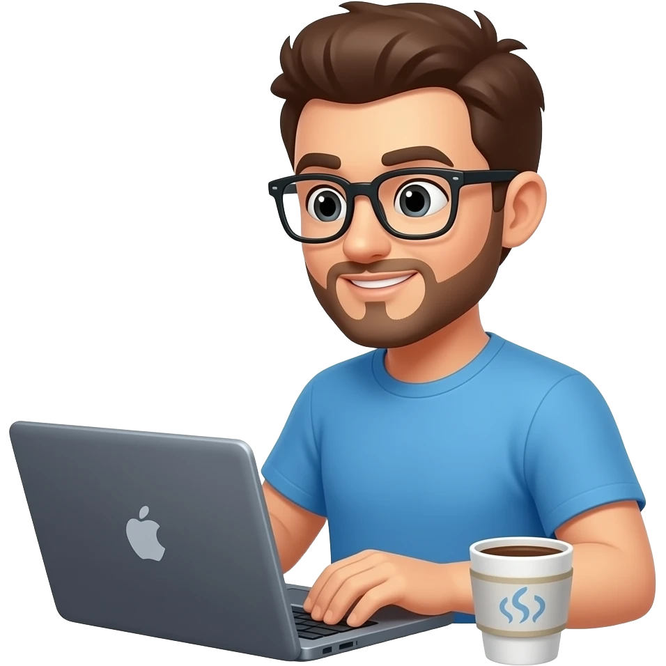 Software engineer coding on laptop with coffee emoji