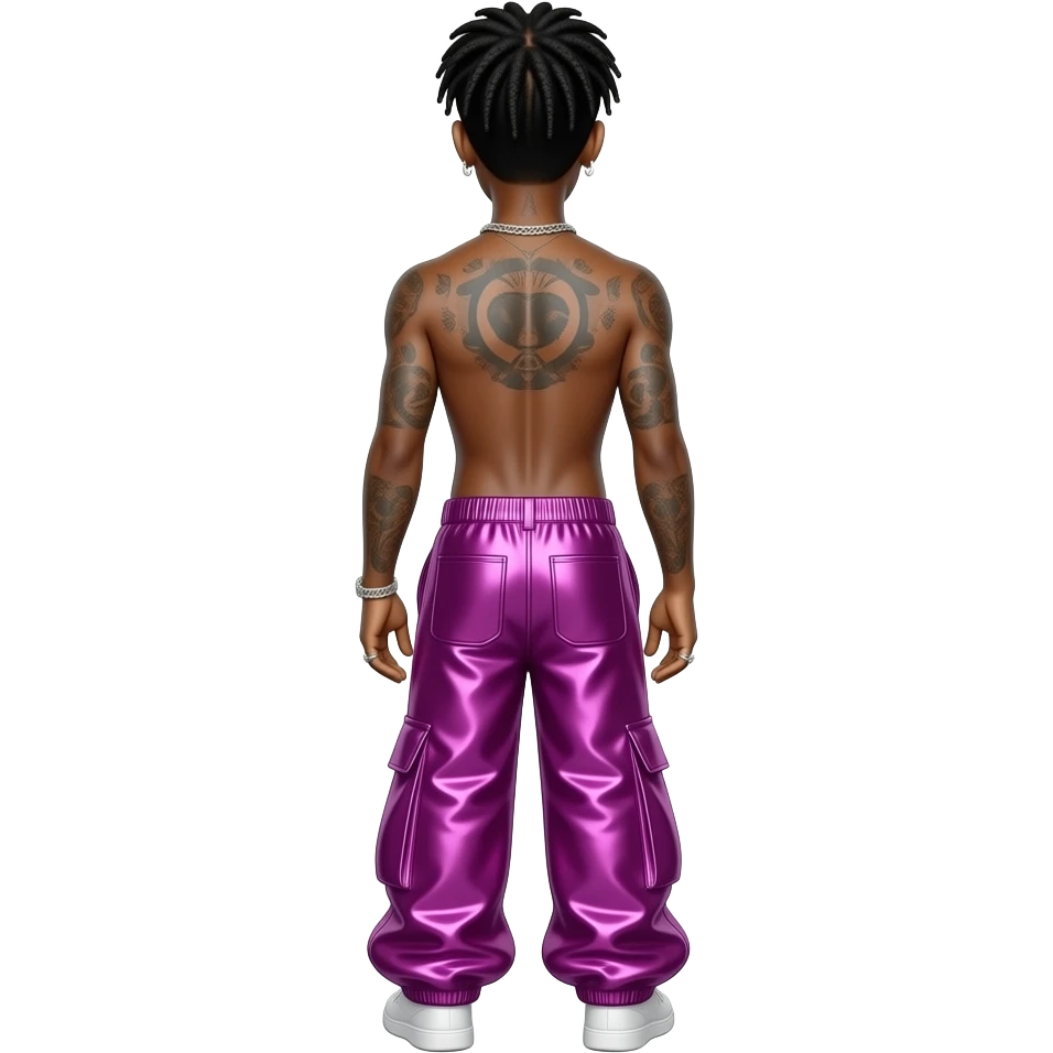 Lil Nas X from behind with fuchsia metallic baggy skirt, shirtless with necklace and earrings emoji