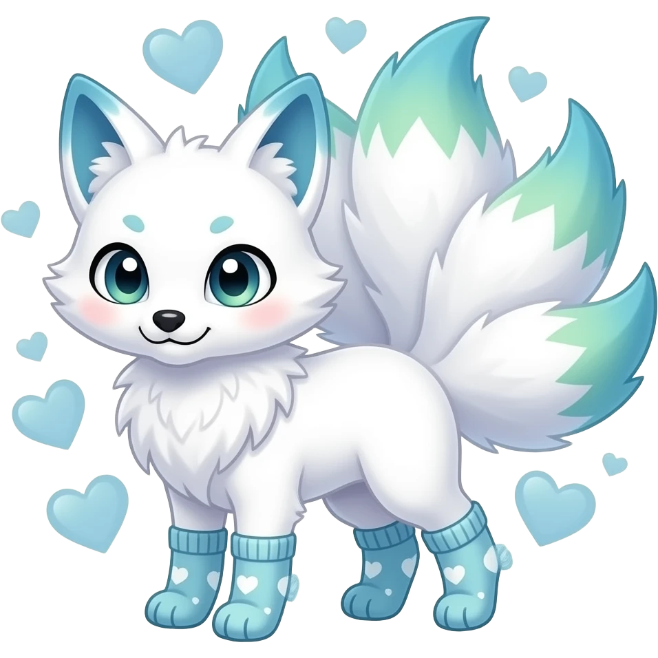 Loving with hearts around it White Nine kitsune tail with blue green ombre tips on the tails and paws as socks. emoji