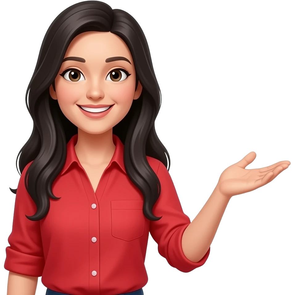 woman reaching out with black hair and red shirt smiling full body standing up emoji