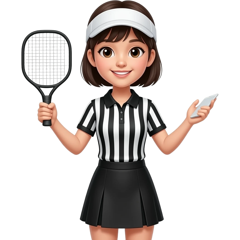 short haired asian girl - pickleball referee - wearing sun visor, black white vertical stripes polo shirt, black skirt, holding ipad in one hand and second hand is free emoji