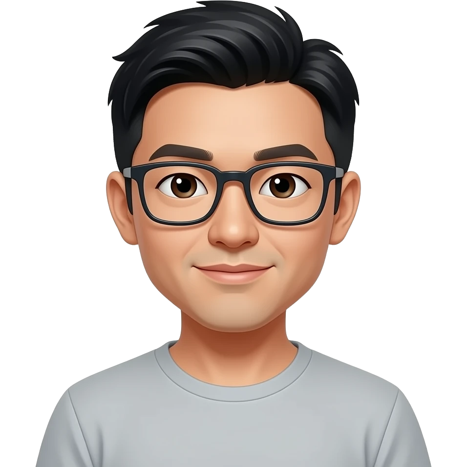 man with wearing glasses, wearing t-shirt, asian, black hair,  deep brown eyes emoji