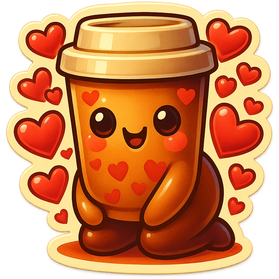 Tall coffee cup, bowing on knees, covered in hearts emoji