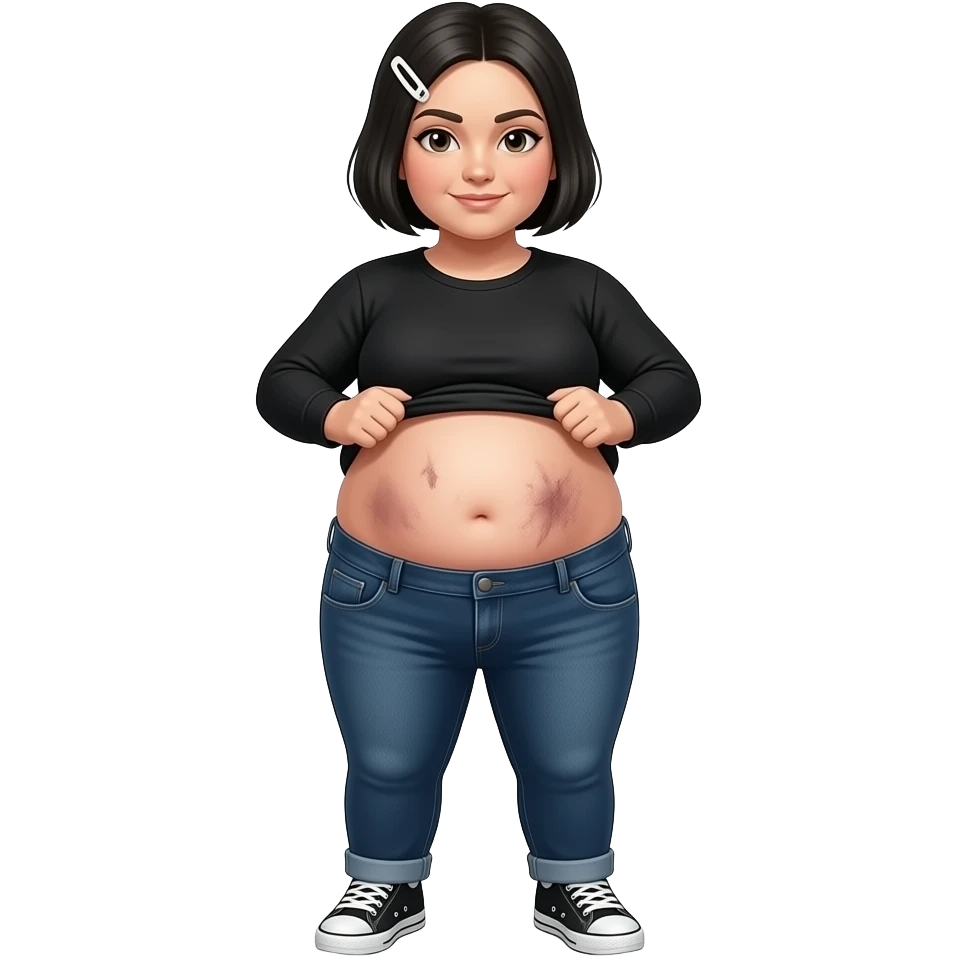 White woman with black short hair, white hair clip on the left of her hair, plain black long sleeve shirt, dark blue jeans, white and black sneakers, and a chubby body lifting her shirt to show her dirty chubby belly emoji