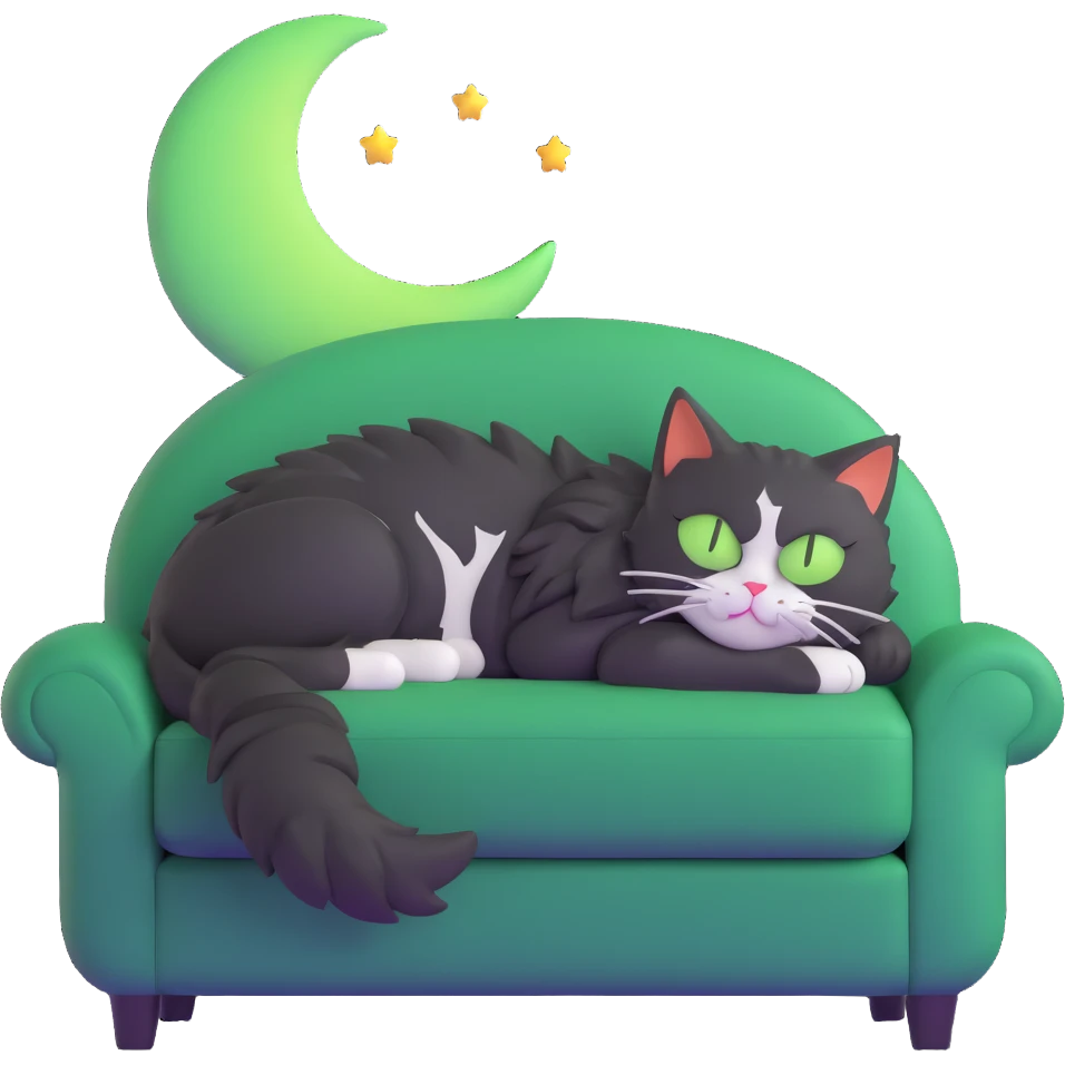 tricolor fluffy cat with big green eyes sleeping on a sofa with a moon above her emoji