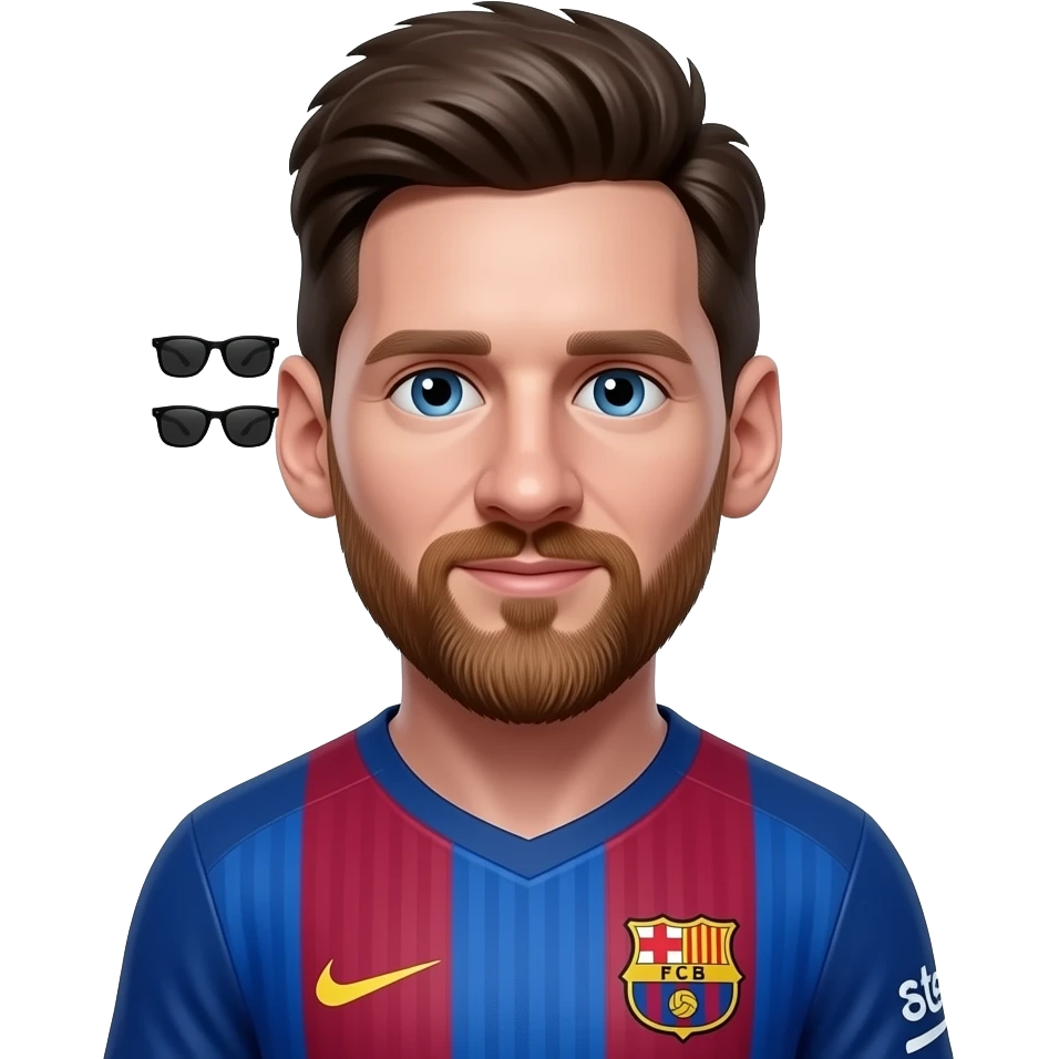 Messi-inspired 3D emoji, full Barcelona jersey, 3 small identical black sunglasses on the left side of the jersey. emoji