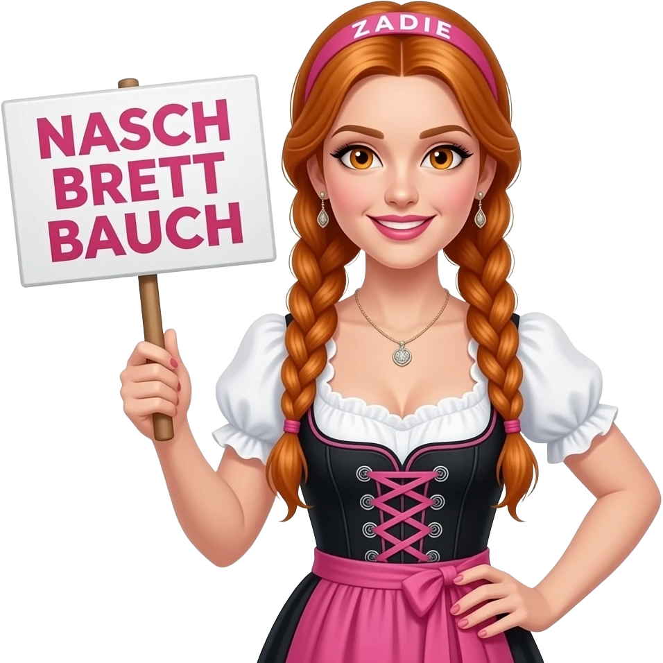 sexy girl with overlong ginger braids and ginger eyes wearing a black pink dirndl and a pink headband with ZADIE written on it, is holding a sign with NASCH BRETT BAUCH written on it emoji