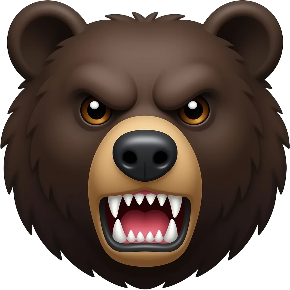 Wild black grizzly bear facing camera with angry face only face with sharp teeths emoji