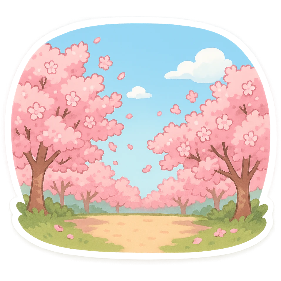满是樱花的场景，中间一片空地，蓝天白云 emoji