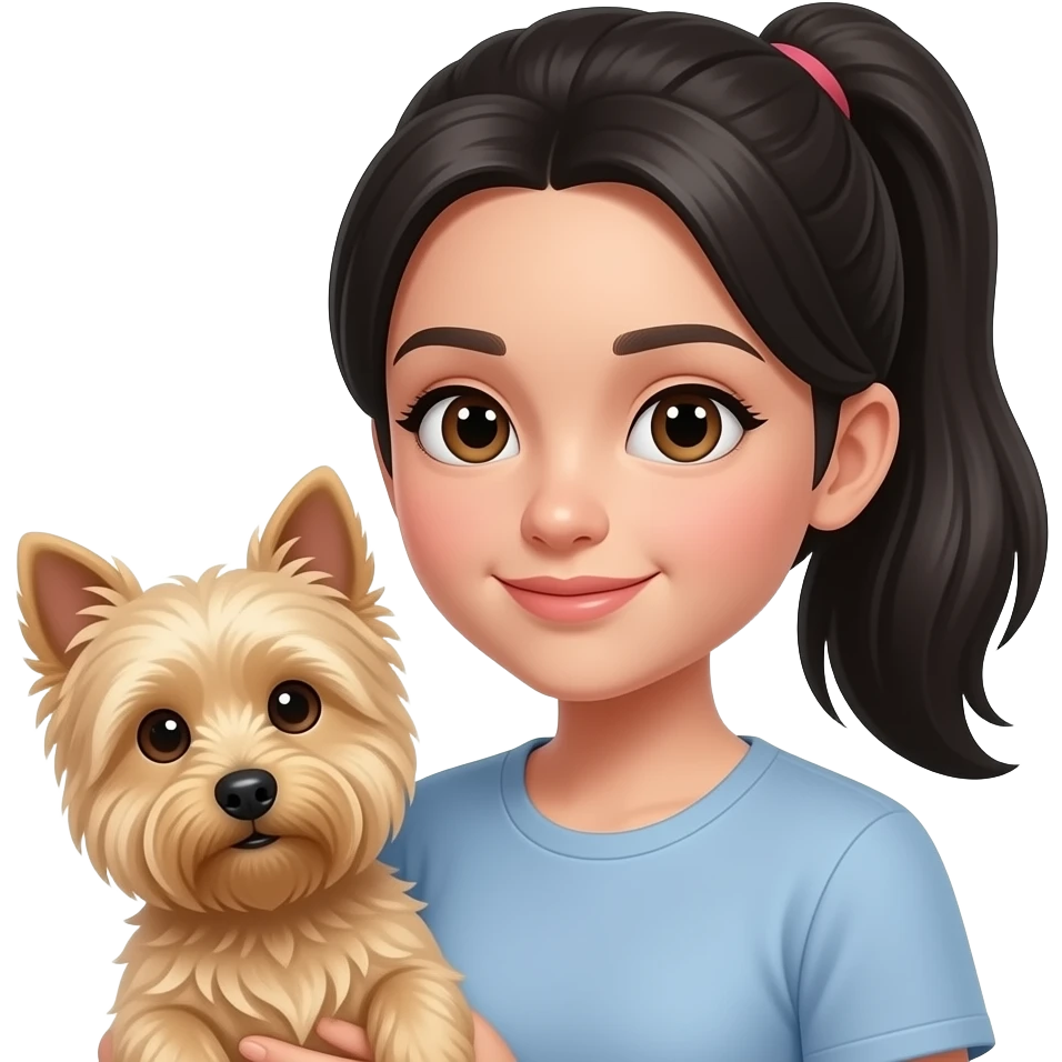 Girl with black hair ponytail showing forehead and brown eyes holding a blonde terrier dog ears up emoji