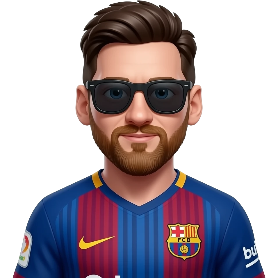 Messi-inspired 3D emoji, full Barcelona jersey, 1 large identical black sunglasses near the lower jersey area. emoji