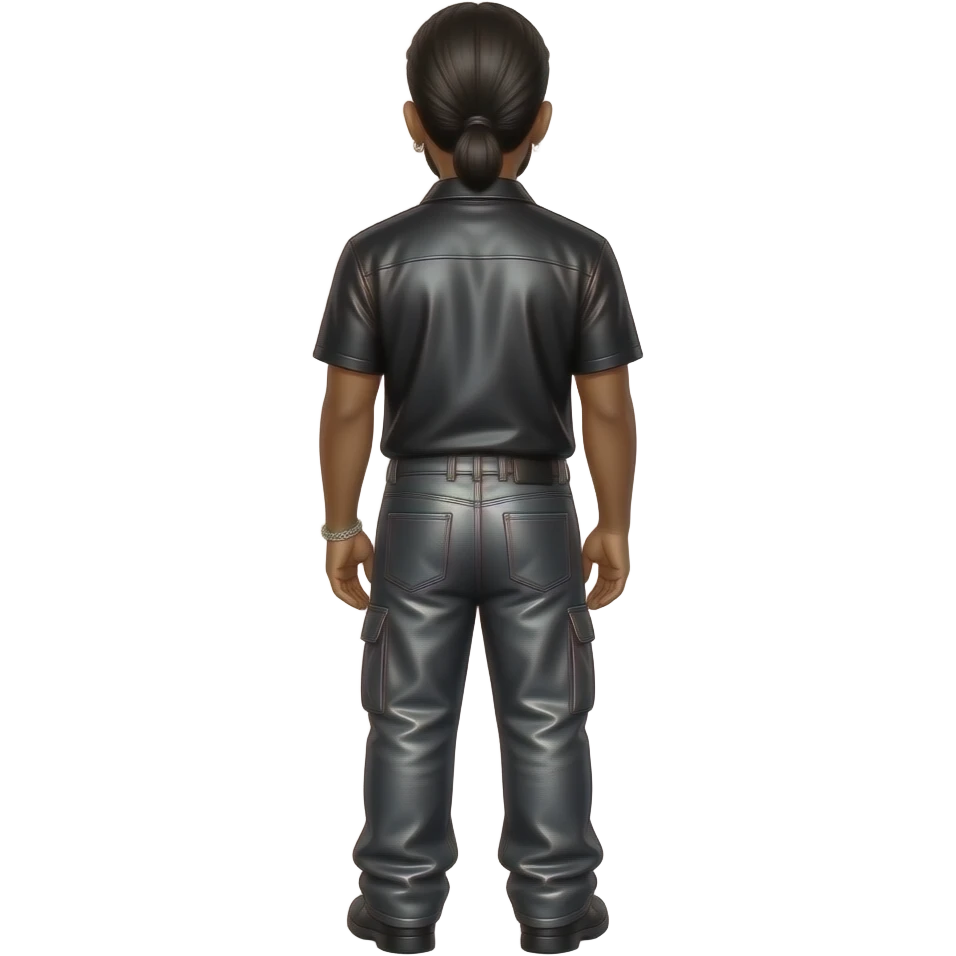The Weeknd from behind with low ponytail hair, black metallic shirt, dark gray metallic baggy pants, necklace emoji