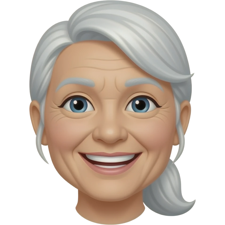 "An old lady with her long white hair gathered into a ponytail is beaming with a bright smile. emoji