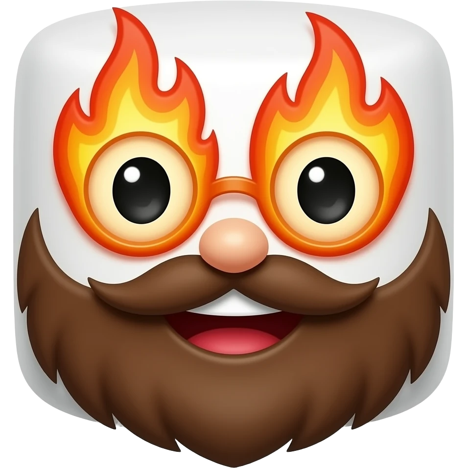 smiling marshamallow with a brown beard and glasses on fire emoji