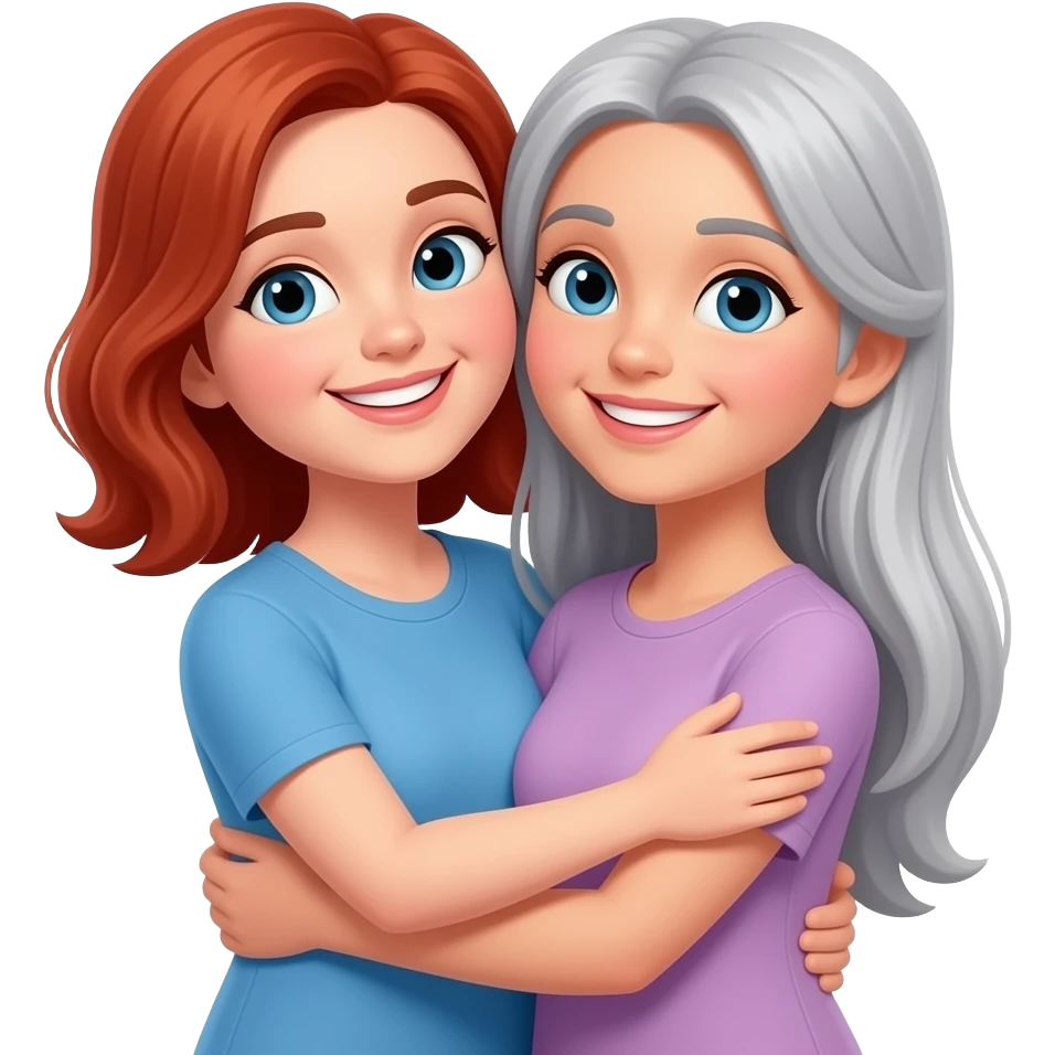 red long hair maam smiling, and TALL grey long haired girl smiling, hugging emoji