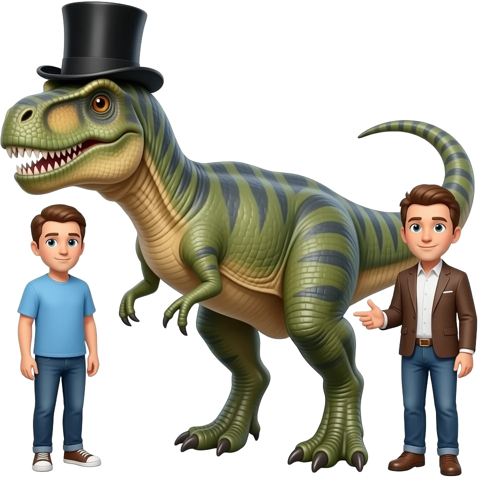 Make a guy with a dinosaur that has a top hat emoji