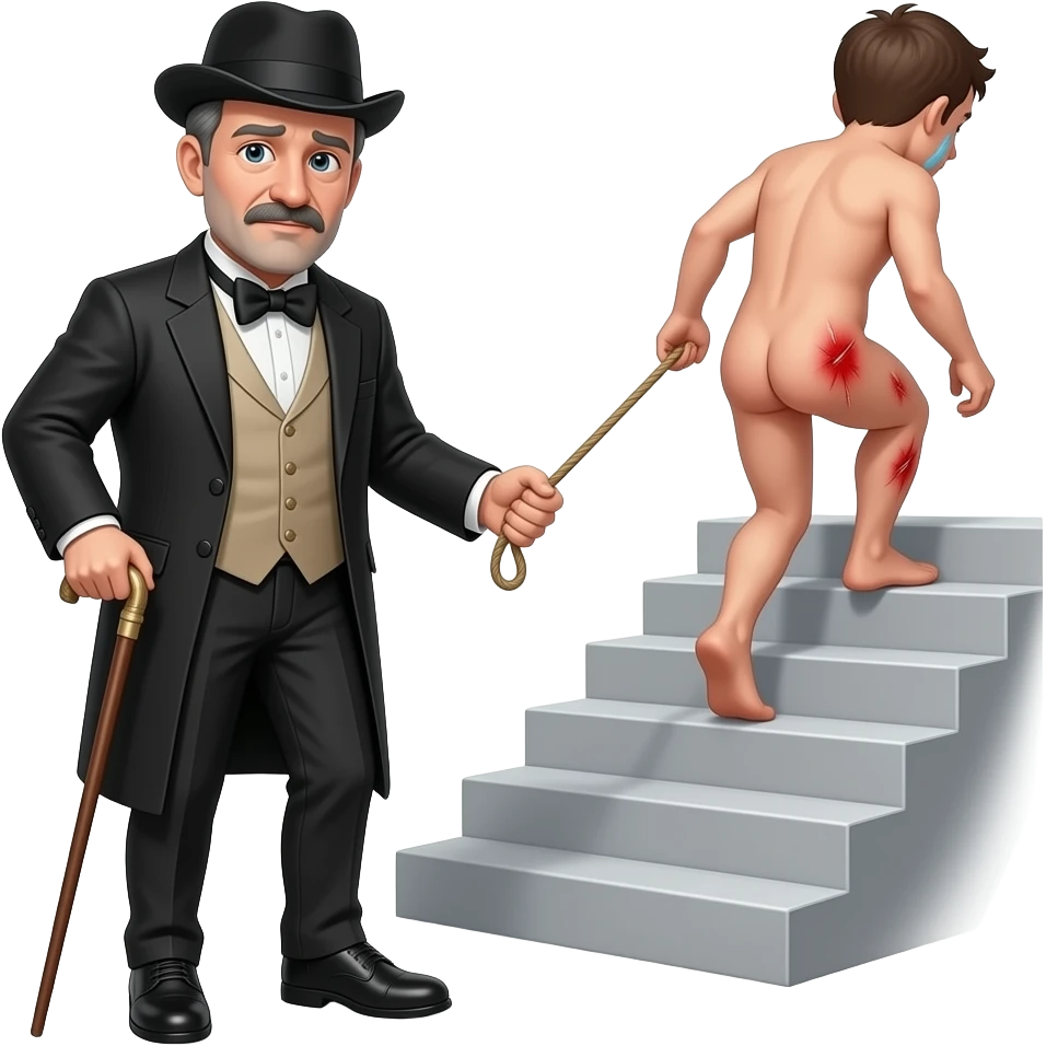 A stern clothed man with a thin whippy cane is leading by the hand and dragging behind him, a reluctant, crying, naked man up a flight of stairs, walking up towards the top,top,by the ear, his red buttocks are very bruised. emoji