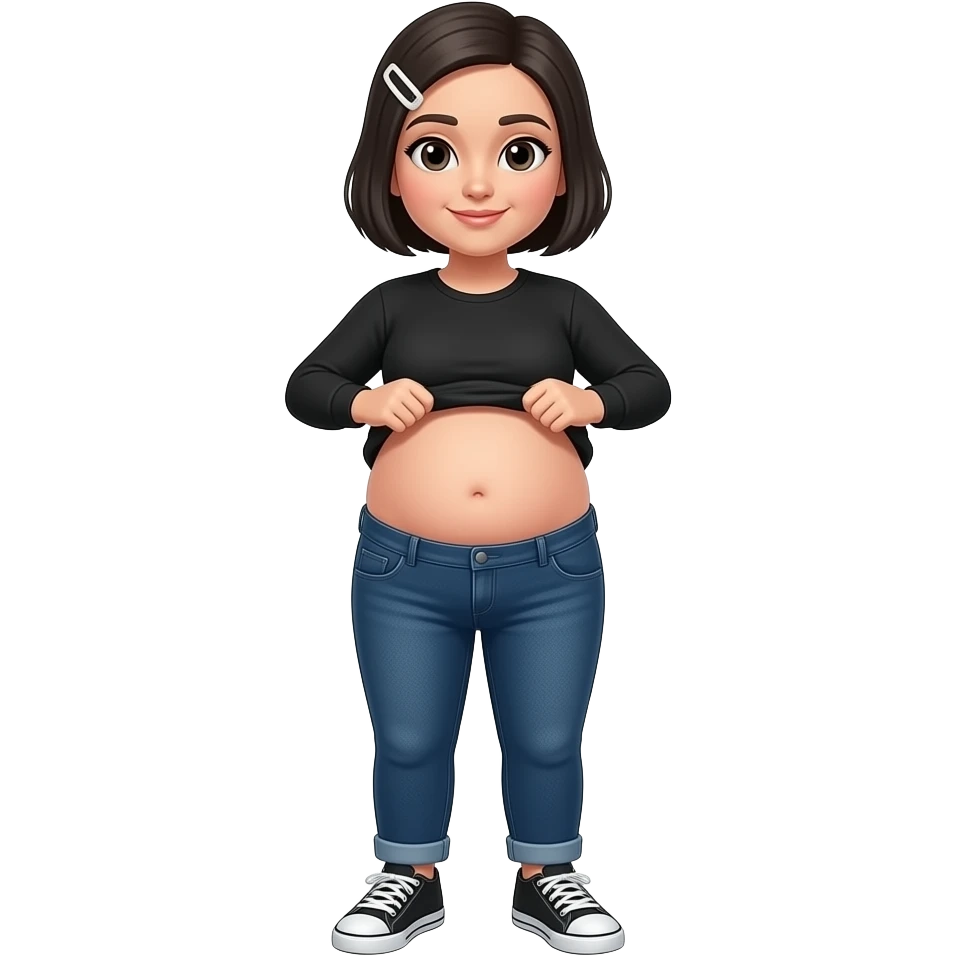 White woman with black short hair, white hair clip, black long sleeve shirt, dark blue jeans, white and black sneakers, and a chubby body lifting her shirt to show her chubby belly emoji