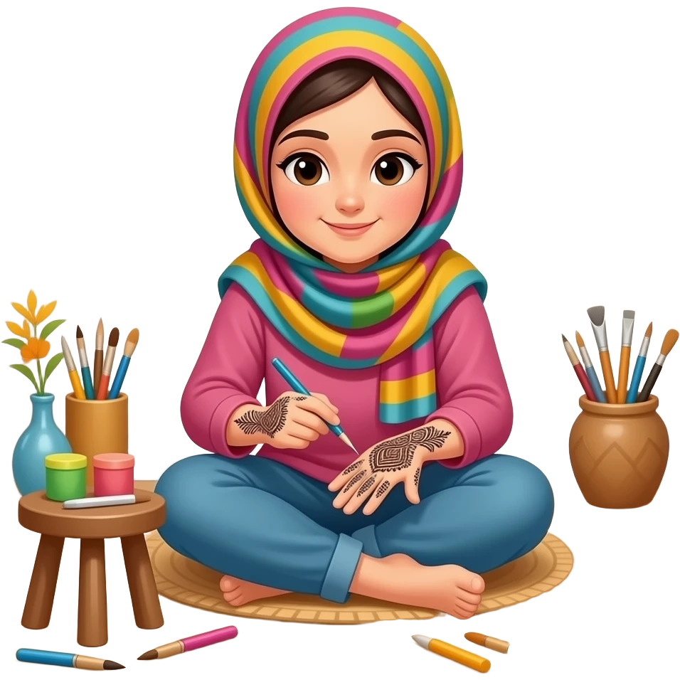 background room girl sitting and doing handcraf mehndi hijabis emoji